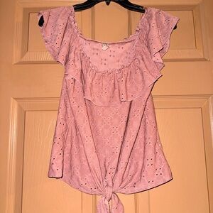 Per Seption Concept Pink Eyelet Tie Front Top Womens Size M Ruffle Sleeve